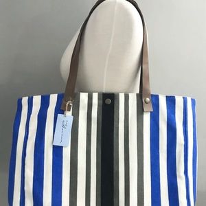 VINTAGE HAVANA Canvas & Leather Striped Tote Beach Bag NWT